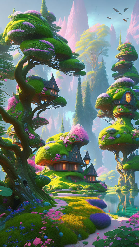 Fantastical forest with spiral-topped trees and whimsical houses