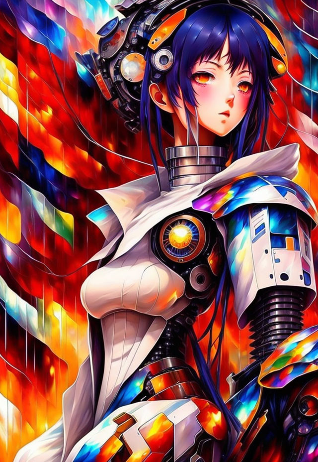 Colorful Anime-Style Cyborg Artwork with Intricate Mechanical Details