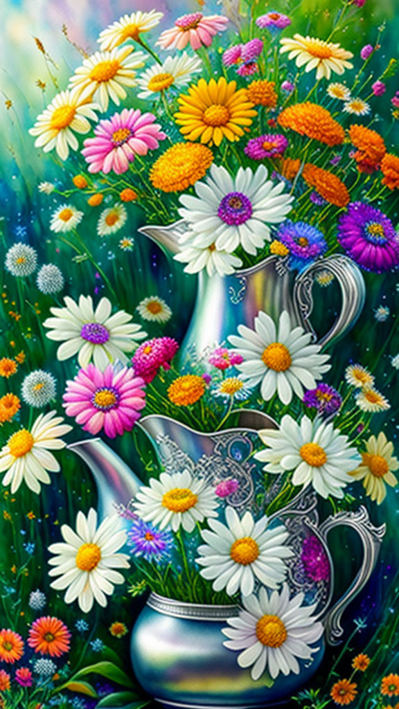Colorful Floral Painting with Silver Jug and Green Background