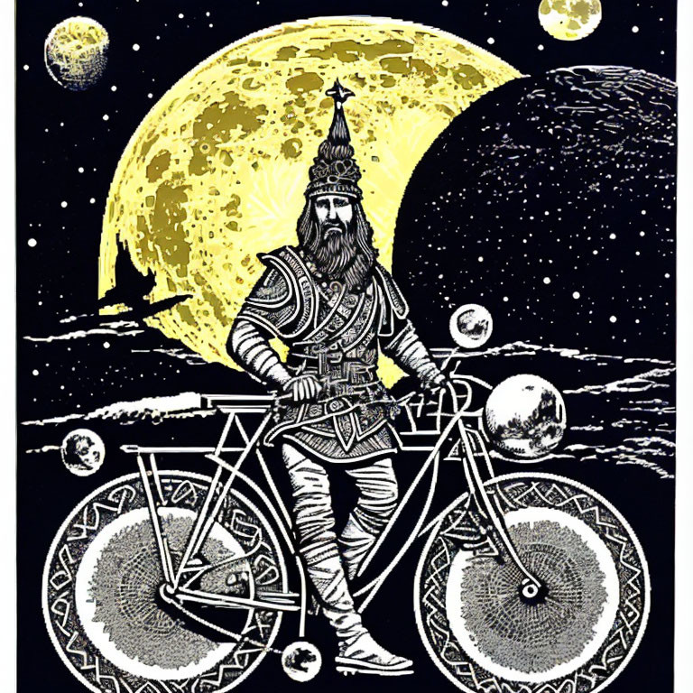 Viking warrior with bicycle on lunar surface with yellow moon and planets
