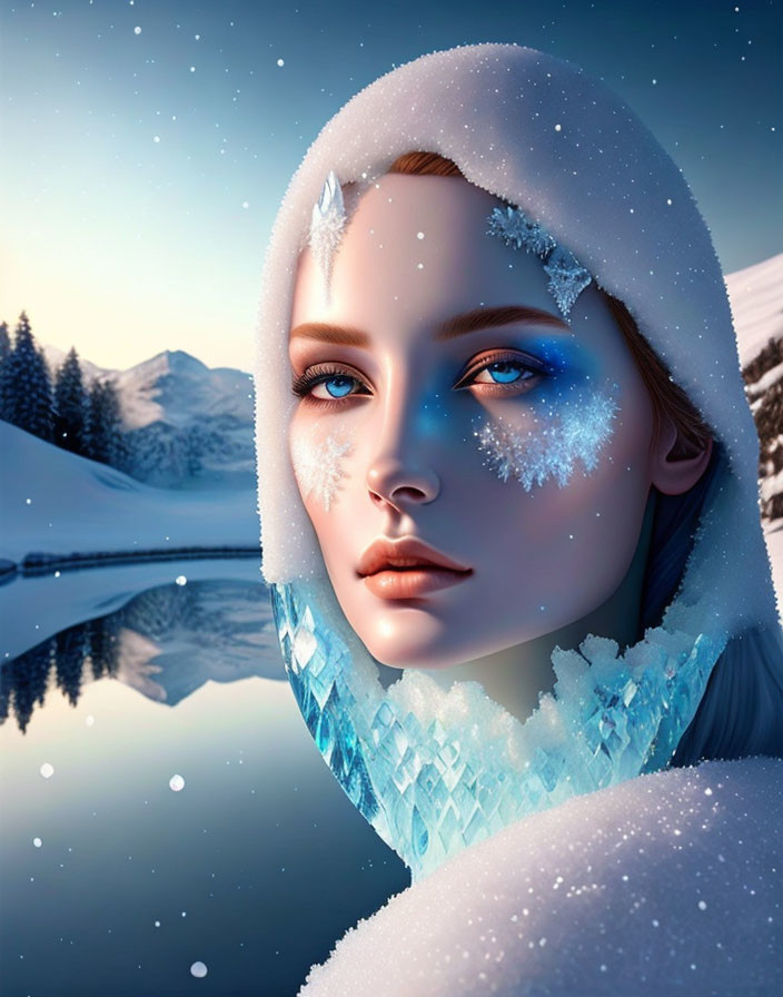 Winter-themed illustration of a woman with snow and ice, serene landscape with lake and mountains at dusk