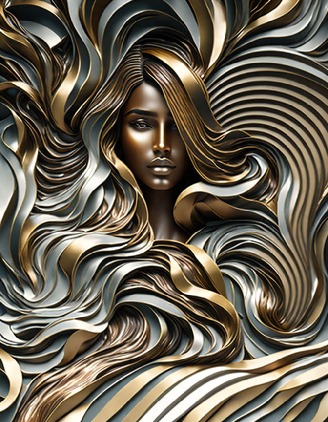 Abstract Woman's Face in Gold and Brown Wavy Patterns