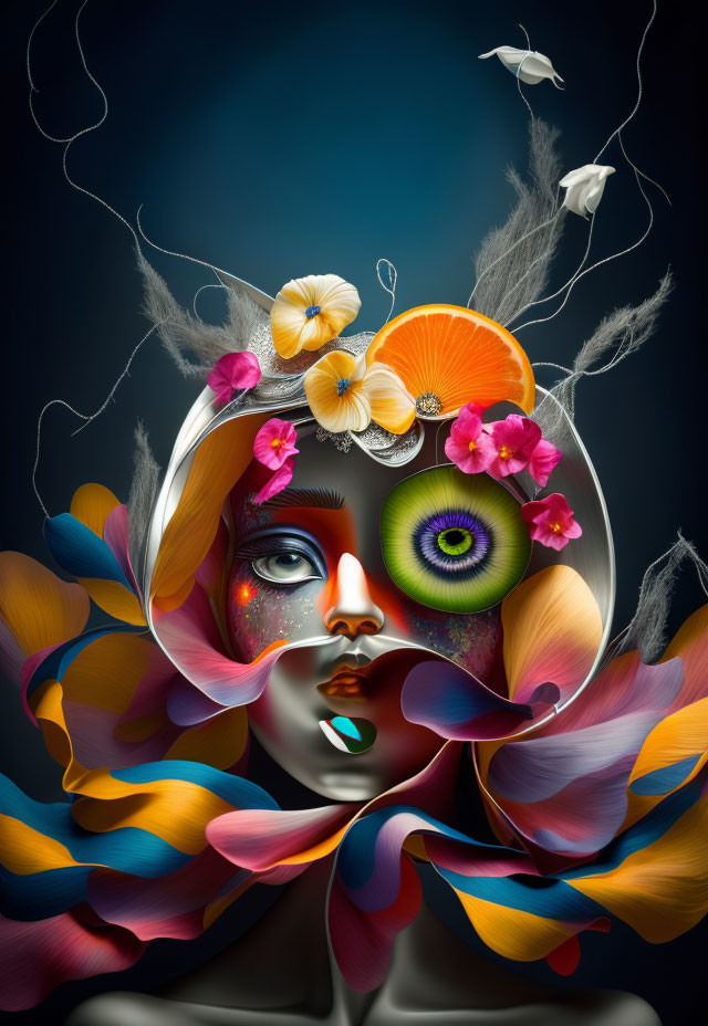 Vibrant surreal portrait: eye as face, swirling ribbons, flowers