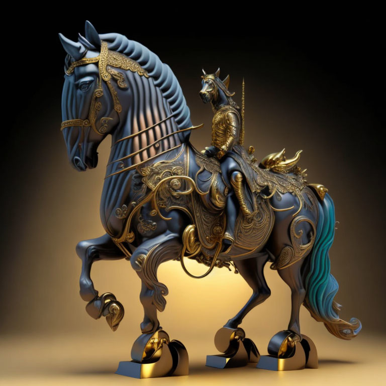 Metallic Knight and Horse Statue with Gold Detailing on Dark Background