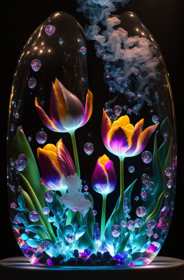 Colorful glass sculpture with illuminated tulips, bubbles, and smoke in egg-like dome