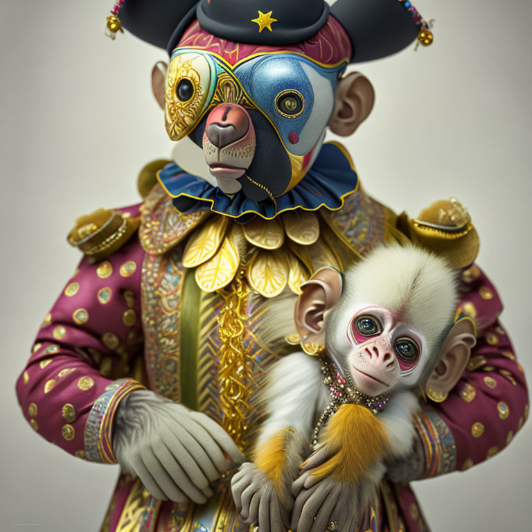 Stylized mandrill in ornate gold outfit with baby monkey in pink skin