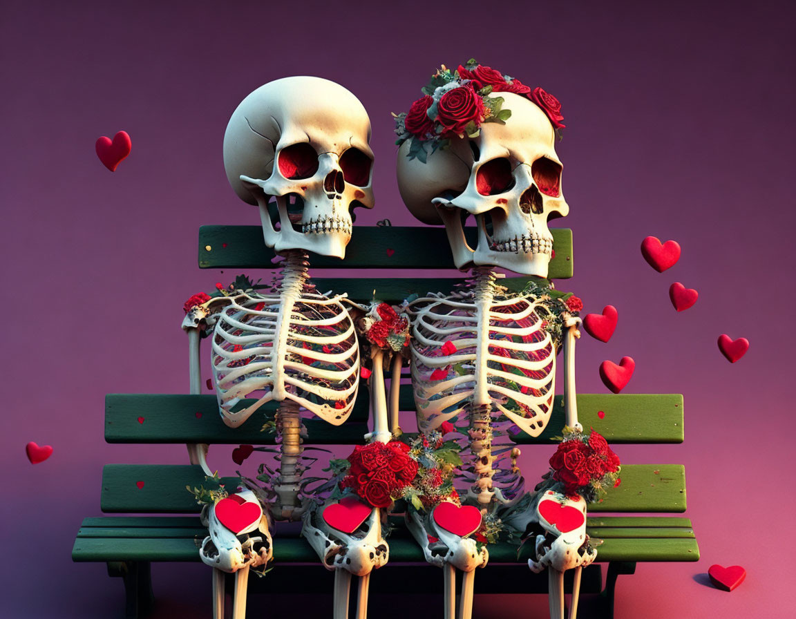 Skulls and Roses on Green Bench with Heart-shaped Eyes