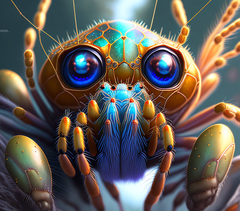 Detailed Digital Illustration of Jumping Spider with Blue Eyes and Intricate Exoskeleton