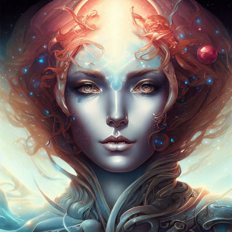 Portrait of a woman with cosmic features and glowing symbols, ethereal star-infused hair, and orn