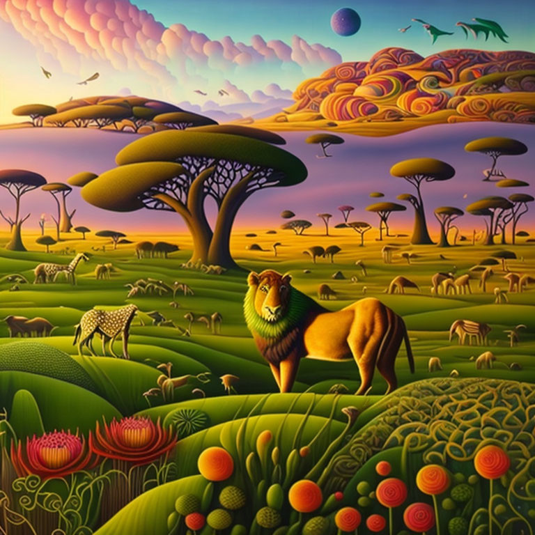 Colorful surreal landscape with lion, rolling hills, and whimsical trees
