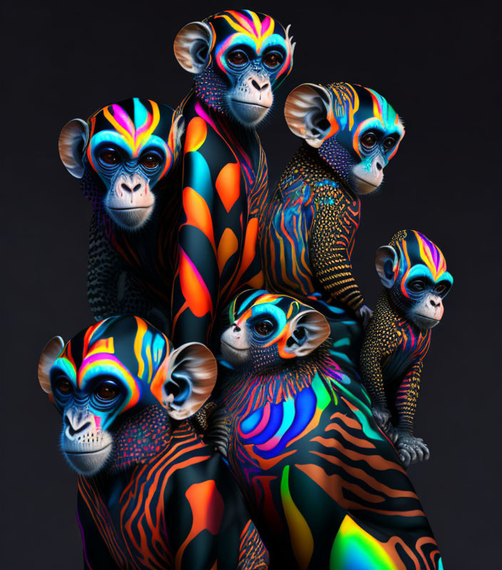 Colorful Psychedelic Body Paint Patterns on Five Monkeys