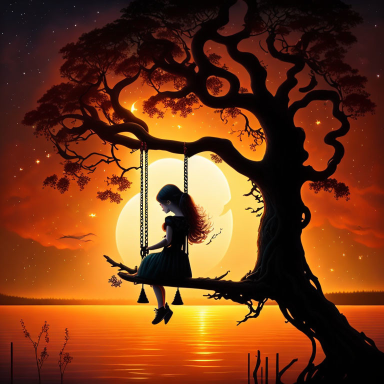 Silhouette of girl on swing at sunset with full moon over lake