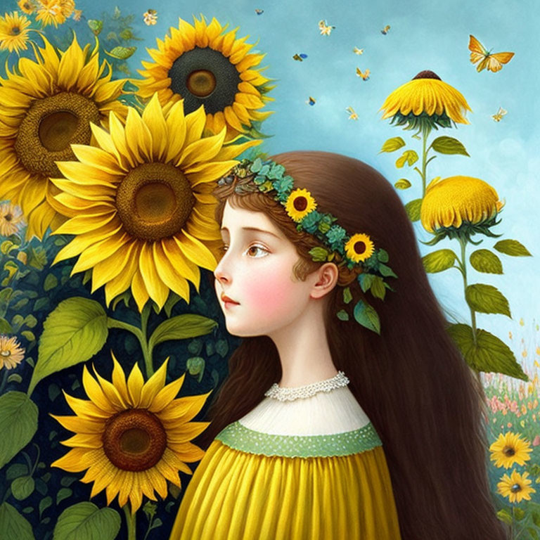 Girl with Sunflower Wreath in Sunflower Field with Butterflies