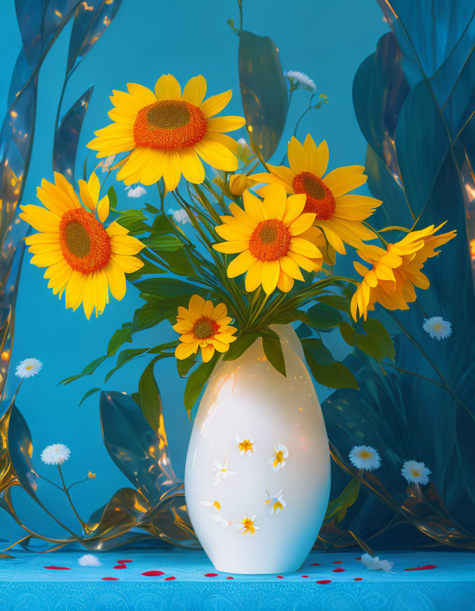 Sunflower Decorated Vase with Bouquet on Blue Background