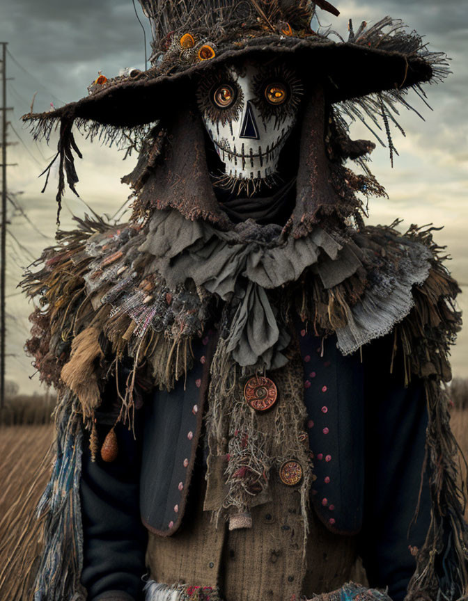 Spooky scarecrow with skull-like face in field