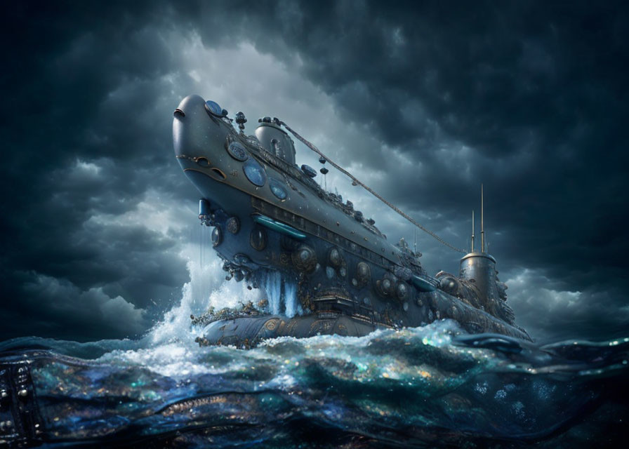 Steampunk-style submarine in stormy ocean waves