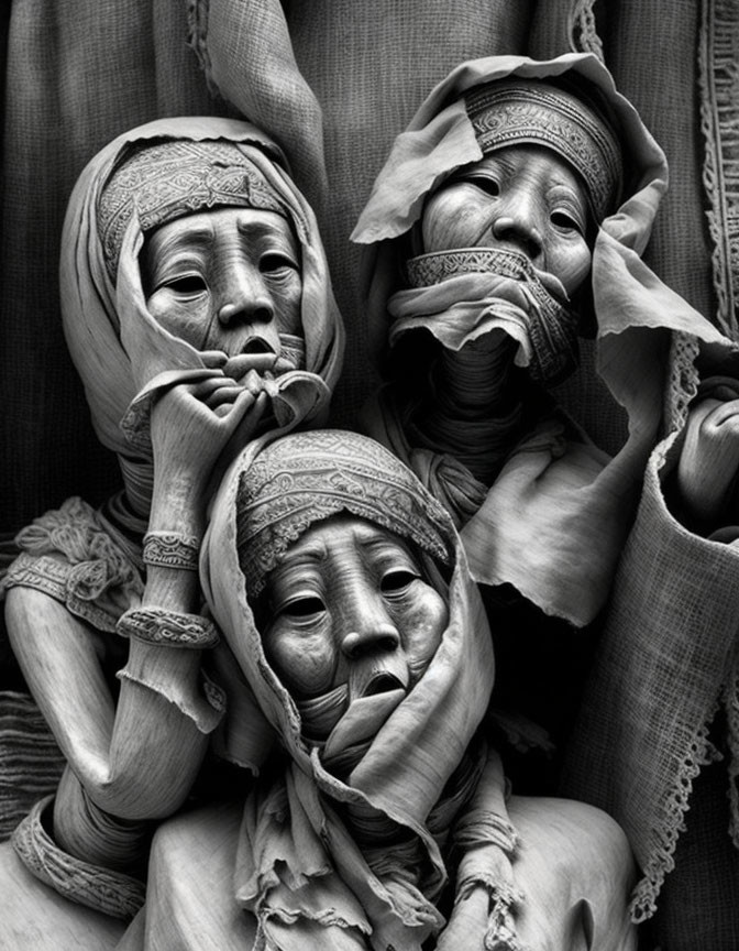 Wooden statues of women with expressive faces and headscarves in monochrome photo