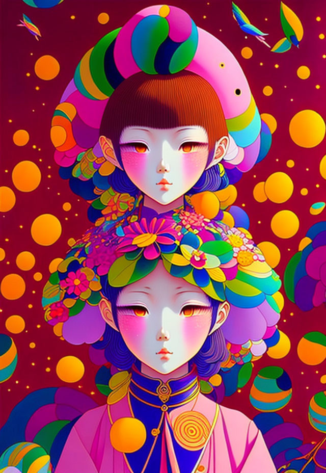 Vibrant illustration of two characters with floral headpieces on red dotted background