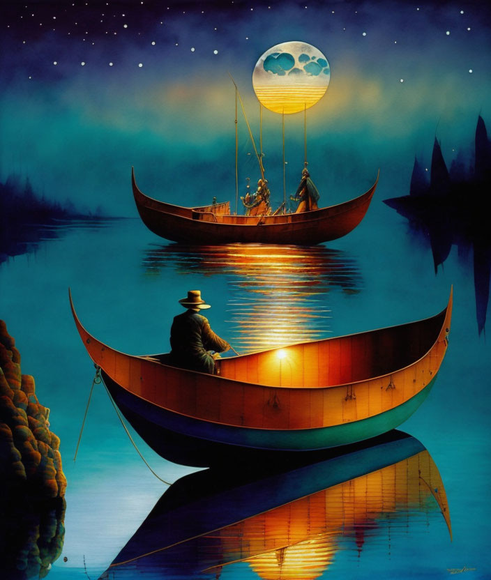 Moonlit sky over calm waters with two boats and fishing individuals