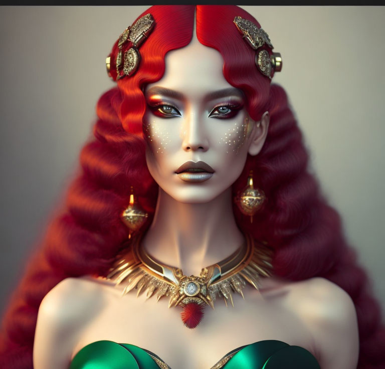 Vibrant red-haired woman with gold hairpieces and star eye makeup.