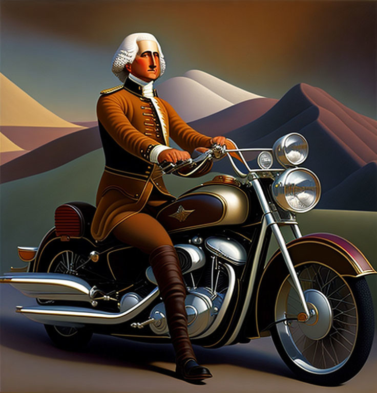 Colonial military uniform man on modern motorcycle with stylized mountains