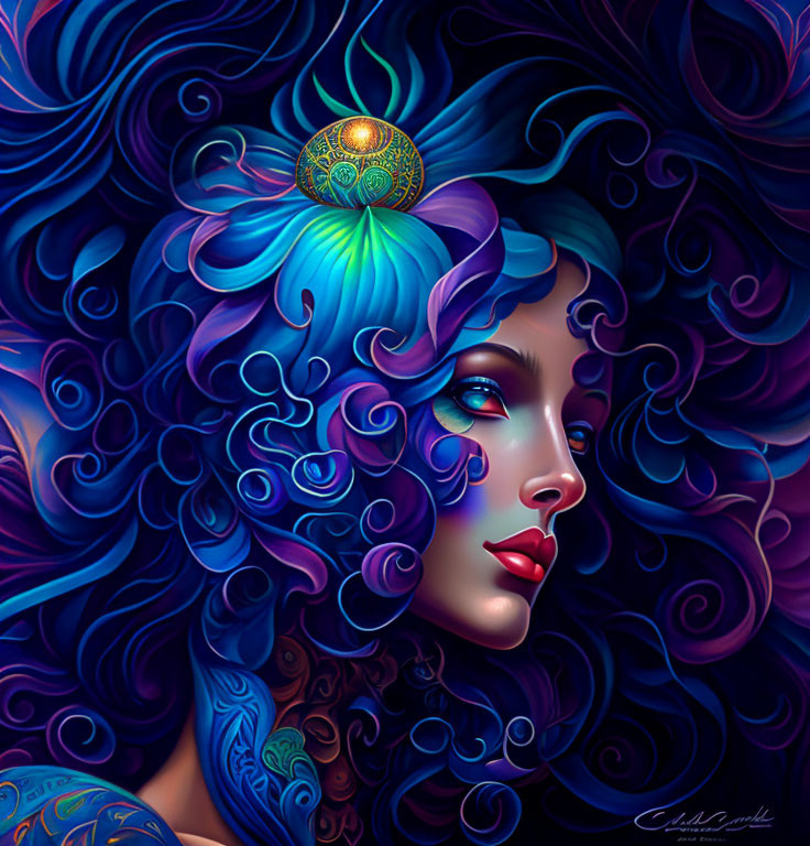 Colorful digital artwork: Stylized woman with blue hair and red lips