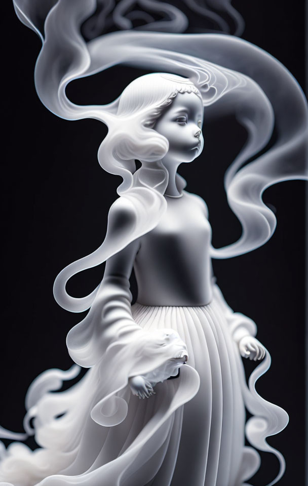 Monochrome statue of female figure with flowing hair and dress surrounded by smoke-like waves