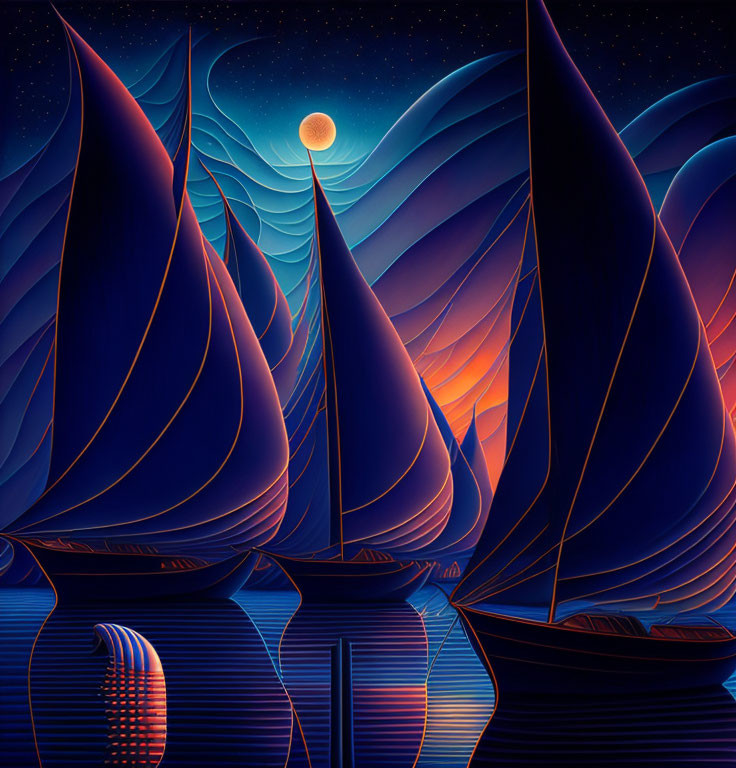 Sailboats on Water at Night with Curved Sails and Starry Sky