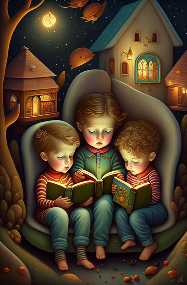 Children reading under starry sky with whimsical houses and planets in giant armchair