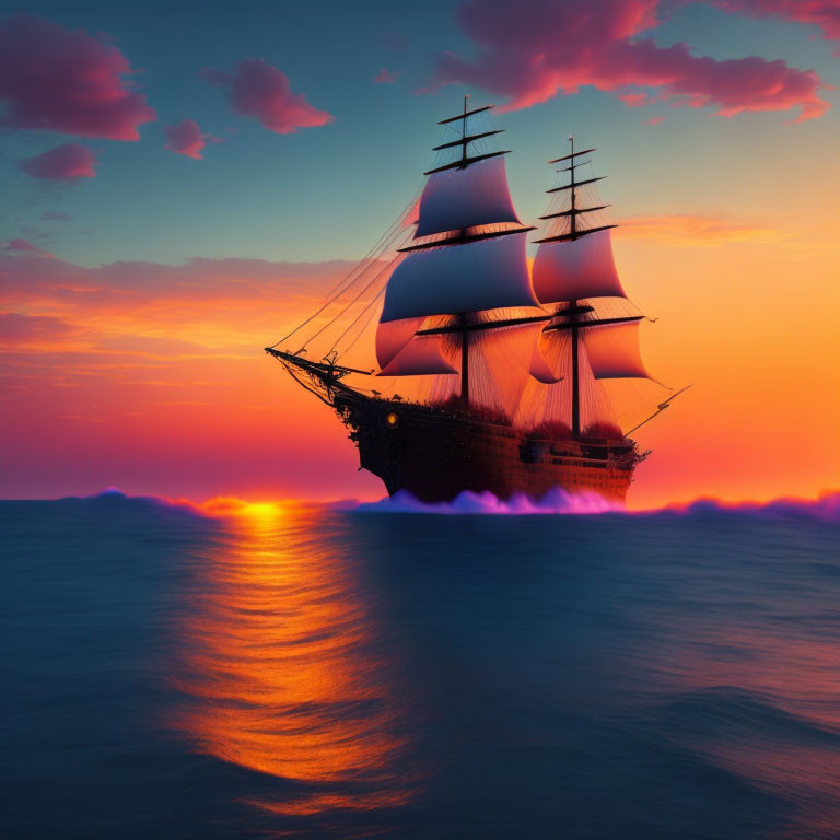 Sailing ship with billowing sails on tranquil sea at sunset