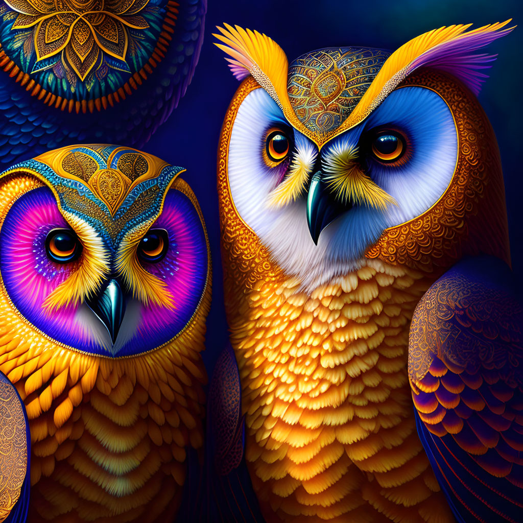 Ornate Owl Artwork with Luminous Designs on Dark Blue Background