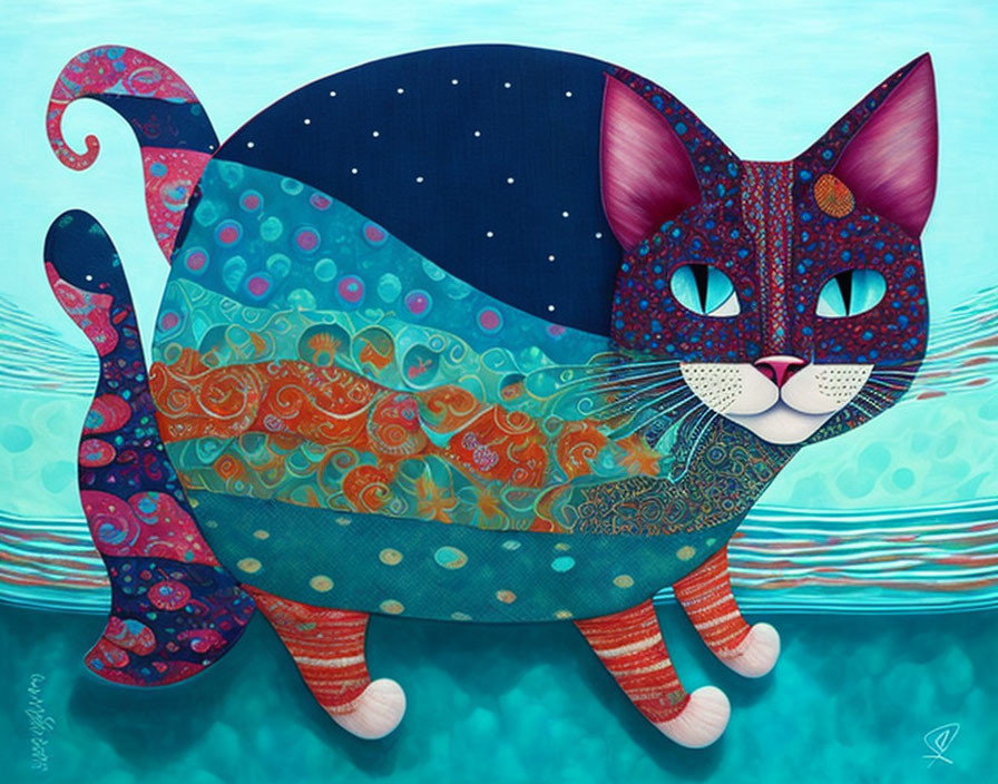 Colorful stylized cat with patchwork patterns and large eyes on teal background