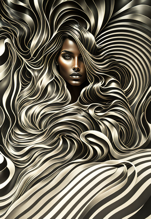 Stylized portrait of woman with wavy hair in black and white stripes