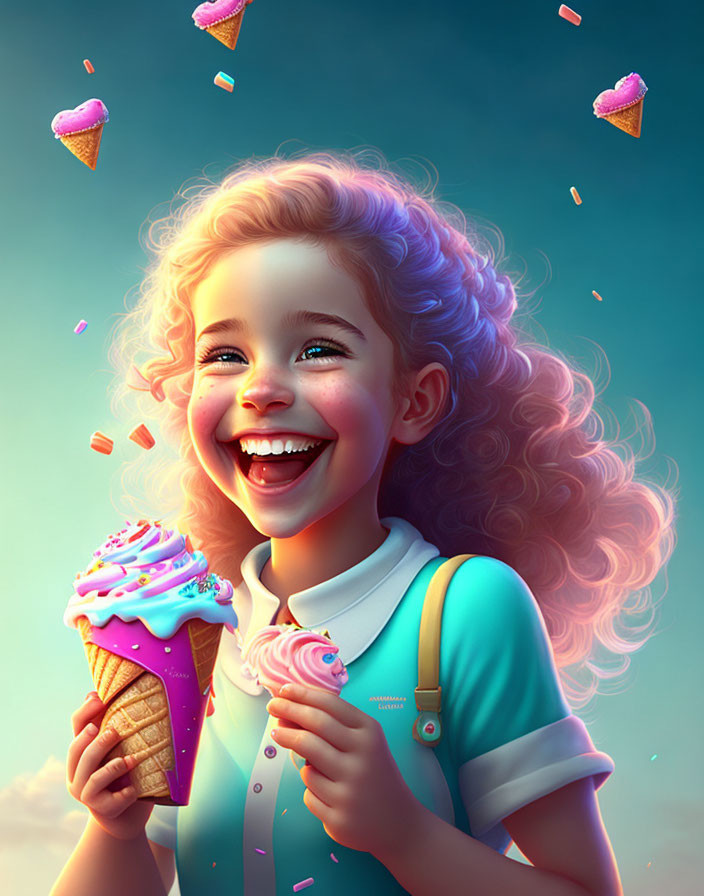 Curly-haired girl with ice cream cone and floating wafers under sunny sky