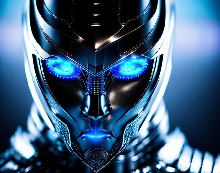 Futuristic robotic face with helmet and glowing blue eyes on blurred blue background