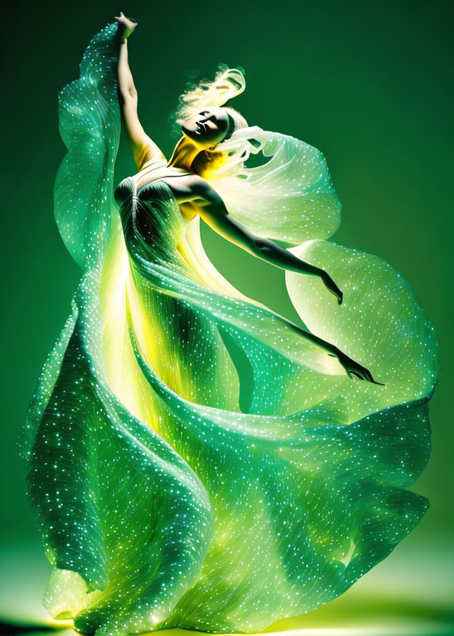 Ethereal dancer in neon green fabrics on dark green backdrop
