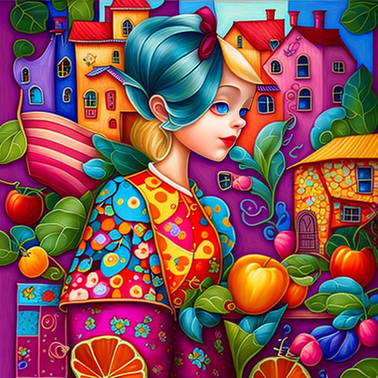 Vibrant illustration: girl with blue hair in whimsical setting