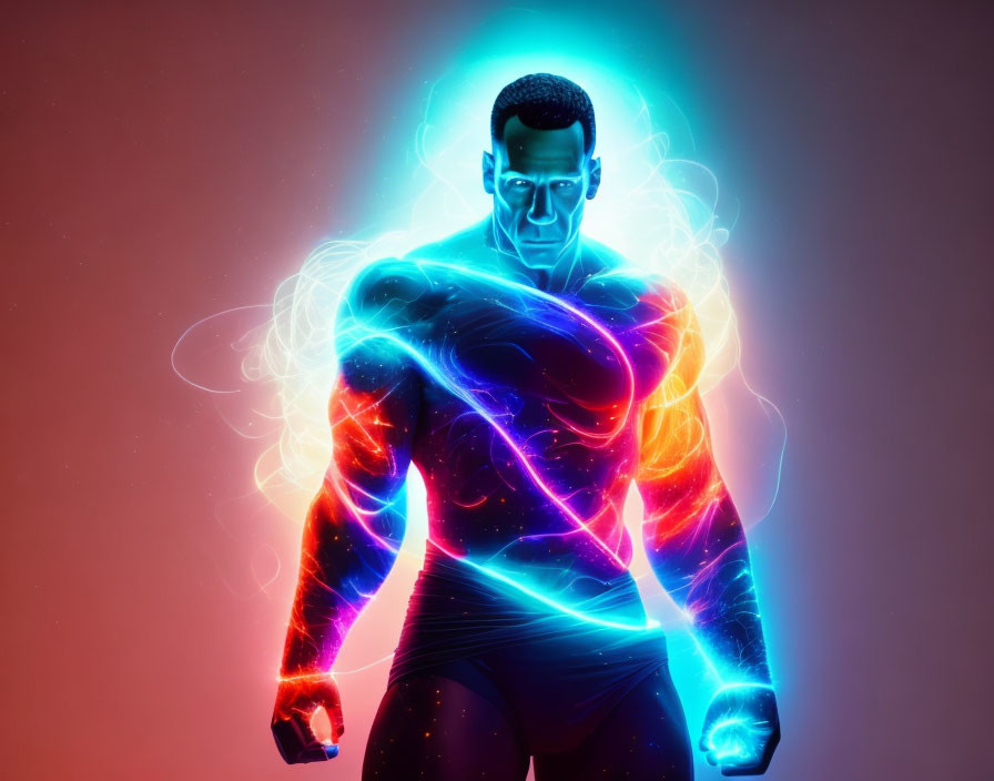 Person with Neon Energy Aura on Red Background