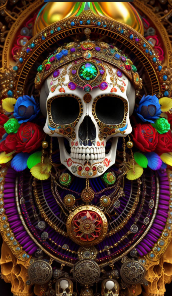 Colorful Jeweled Skull Surrounded by Flowers and Patterns