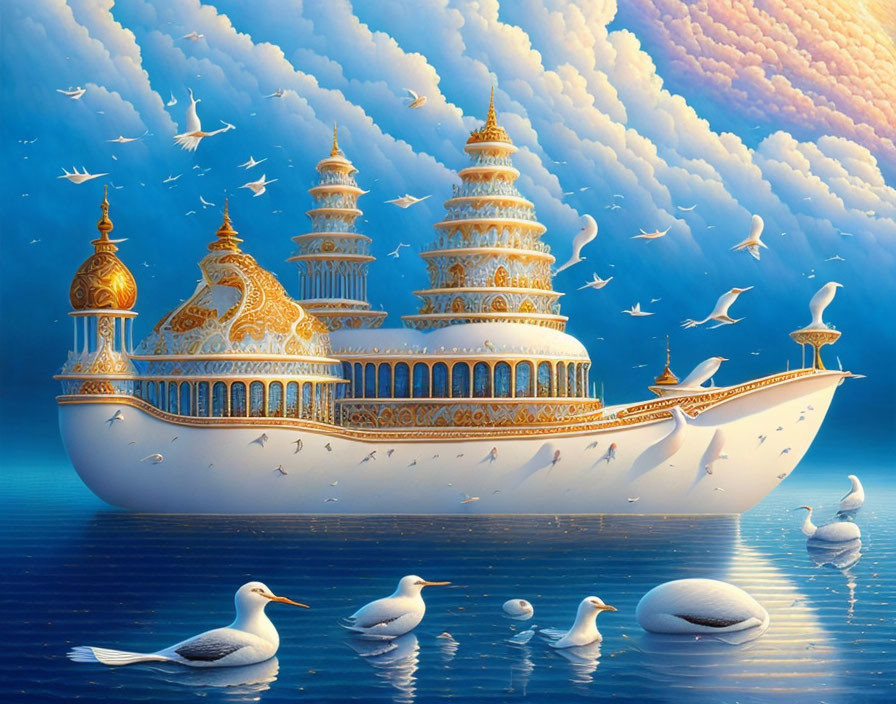 Golden and White Ornate Ship Floating on Calm Sea with Seagulls and Colorful Clouds