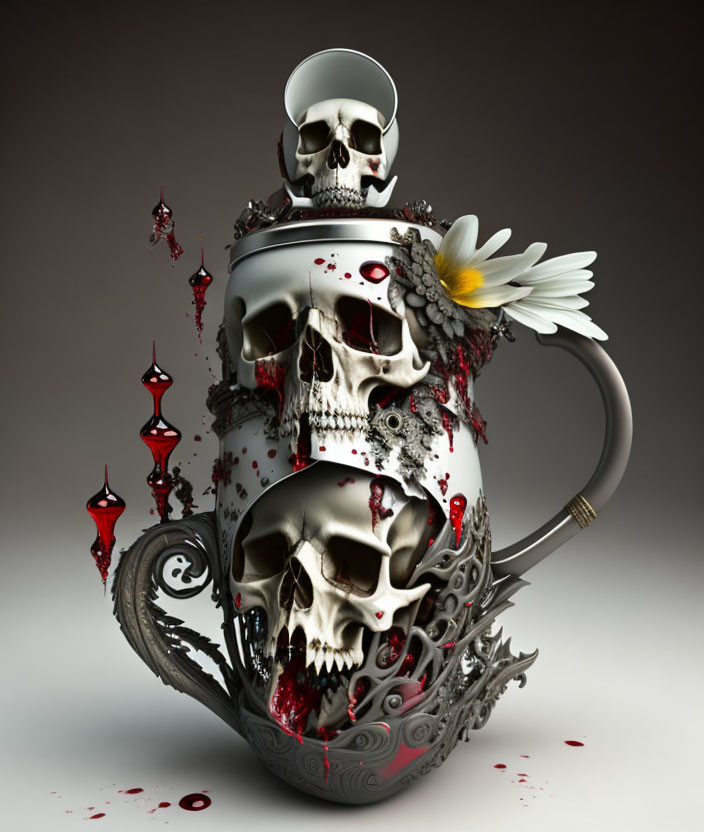 Gothic-style teapot with skull motifs, blood drips, and white flower
