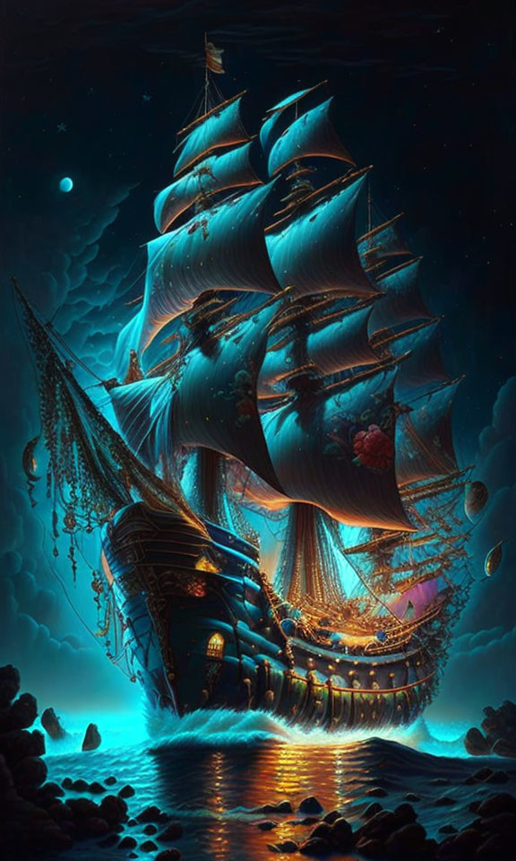 Sailing ship with billowing sails on moonlit sea