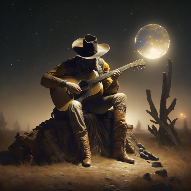 Cowboy playing guitar under glowing moon in desolate landscape