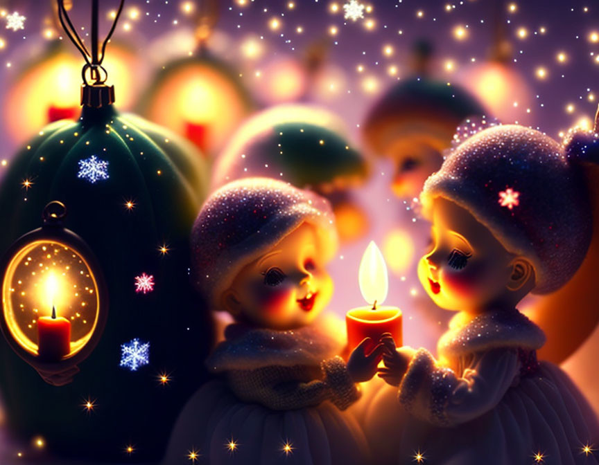 Animated children holding candles in snowy scene with twinkling lights