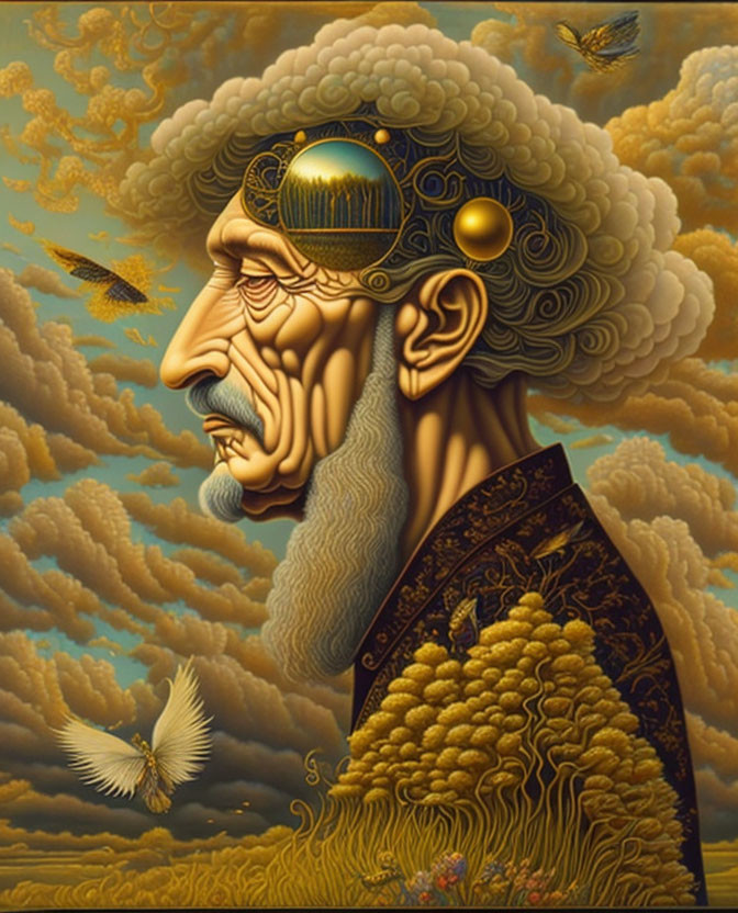 Man with Cloud-Like Hair and Beard in Surreal Portrait