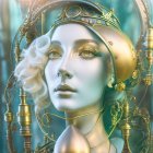 Steampunk-themed digital art portrait of a woman with ornate gears and brass goggles