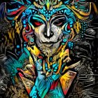 Colorful digital artwork: Woman with ornate headdress in blue, gold, teal