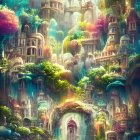 Colorful Fantasy Forest with Whimsical Treehouses and Glowing Lights