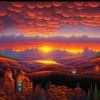 Tranquil sunset scene with orange and red hues over rolling hills, mountains, cabin, and pine