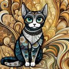 Stylized black and white cat with gold patterns on decorative background